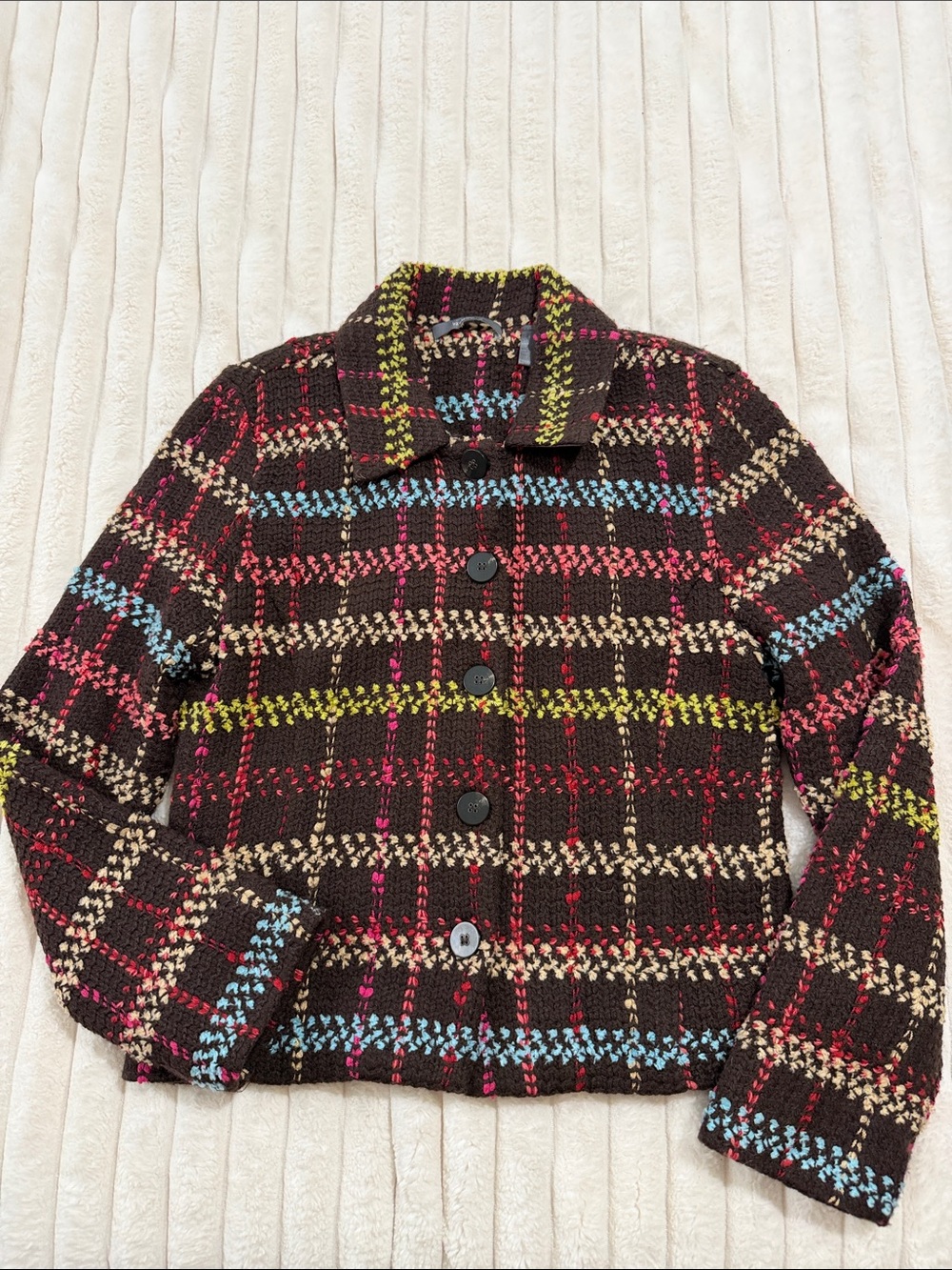 Liz Claiborne Brown Plaid Knit Jacket with Multicolor Accents